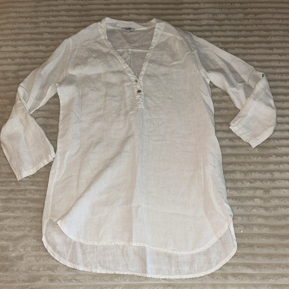 Rosemarie Linen Roll Tab Sleeve M Tunic Top White Boho Coastal Italian